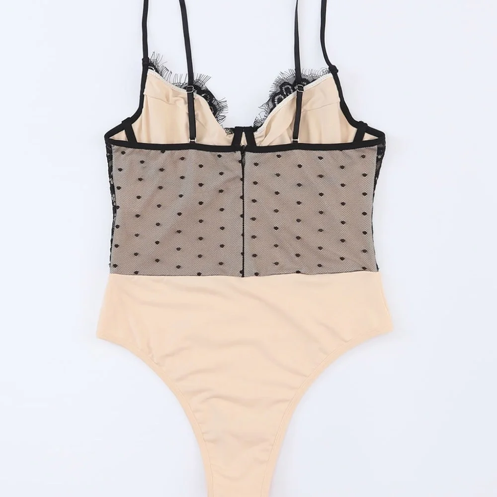 Black Eyelash Lace Trim Dotty Mesh Bodysuit - Picture 7 of 8